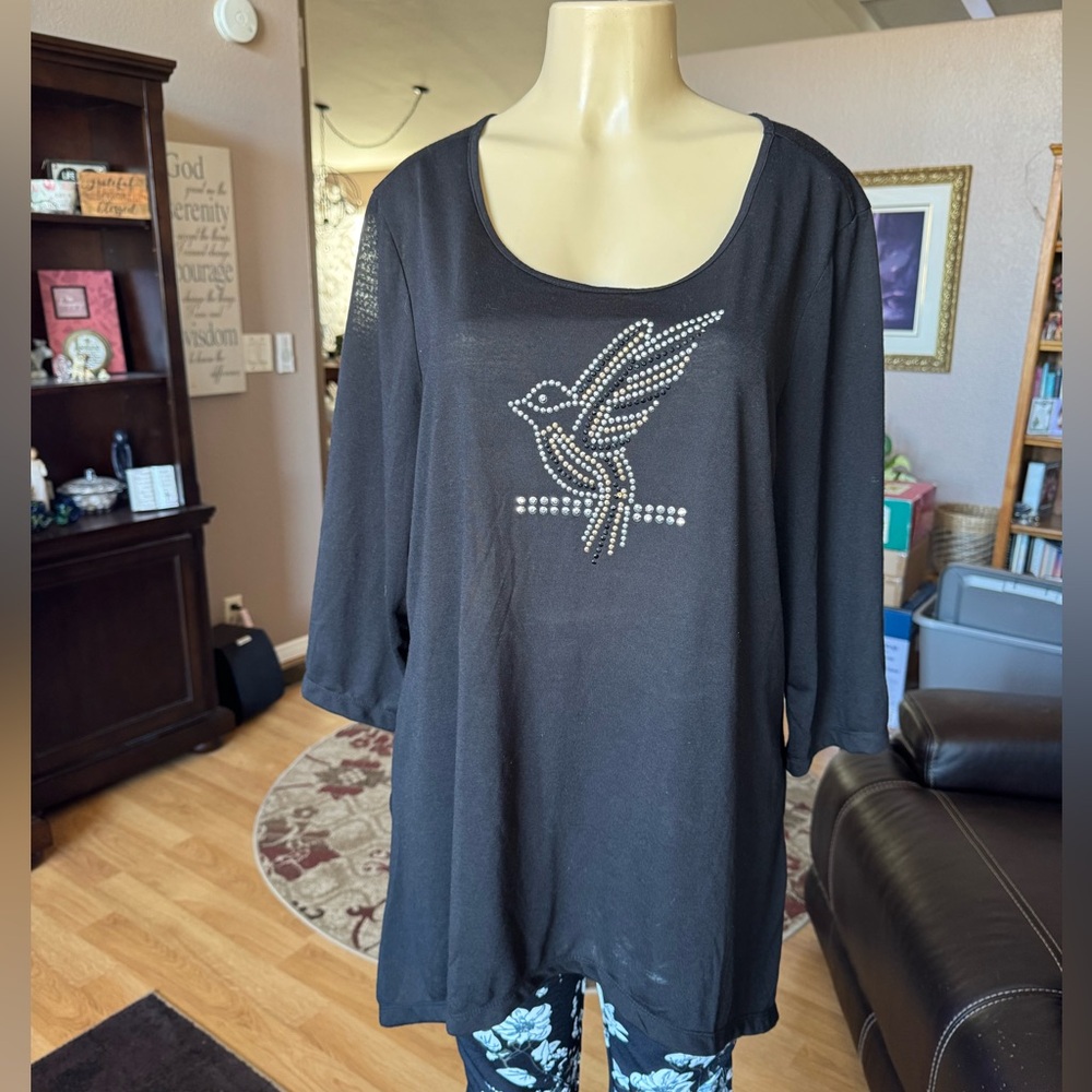 Karen Brooks black 3/4 sleeves bird embellished blouse-size 1X